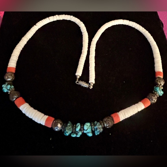 VINTAGE SANTO DOMINGO TURQUOISE, CORAL, &
HEISHI NECKLACE - Picture 3 of 3